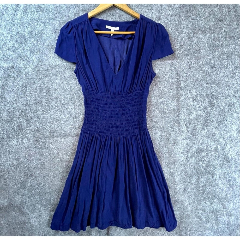 Maje Dress 3 Small Blue Smocked Ruffle Basics Minimalist Stretch Twirl Modest